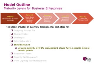 Model Outline

Maturity Levels for Business Enterprises
Survival

Startup
(Existence & Business
Viability)

(Early-Stage
Growth &
Strategic
Focus)

Success
(Accelerating
Growth &
Systems
Building)

Take-Off
(Sustaining
Growth &
Expansion)

Maturity
(Corporate
Management)

The Model provides an overview description for each stage for:
 Company Normal Size
 Characteristics
 Challenges
 Critical Questions
 Should Focus on
 At each maturity level the management should have a specific focus to
sustain growth

 Assessment Areas
 Capacity Building Needs
 ITIDA Capacity Building Programs

 