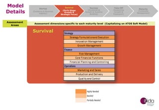 Model
Details
Assessment
Areas

Startup
(Existence & Business
Viability)

Survival
(Early-Stage
Growth &
Strategic Focus)

Success
(Accelerating
Growth & Systems
Building)

Take-Off
(Sustaining
Growth &
Expansion)

Maturity
(Corporate
Management)

Assessment dimensions specific to each maturity level (Capitalizing on ATOS Soft Model)

Survival

 