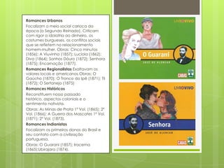 Romances Urbanos
Focalizam o meio social carioca da
época (o Segundo Reinado). Criticam
com rigor a idolatria ao dinheiro, os
costumes burgueses, os conflitos sociais
que se refletem no relacionamento
homem-mulher. Obras: Cinco minutos
(1856); A Viuvinha (1857); Lucíola (1862);
Diva (1864); Sonhos Dóuro (1872); Senhora
(1875); Encarnação (1877).
Romances Regionalistas Exaltavam os
valores locais e americanos Obras: O
Gaúcho (1870); O Tronco do Ipê (1871); Til
(1872); O Sertanejo (1875)
Romances Históricos
Reconstituem nosso passado
histórico, aspectos coloniais e o
sentimento nativista.
Obras: As Minas de Prata 1º Vol. (1865); 2º
Vol. (1866); A Guerra dos Mascates 1º Vol.
(1871); 2º Vol. (1873).
Romances Indianistas
Focalizam os primeiros donos do Brasil e
seu contato com a civilização
portuguesa.
Obras: O Guarani (1857); Iracema
(1865);Ubirajara (1874).
 