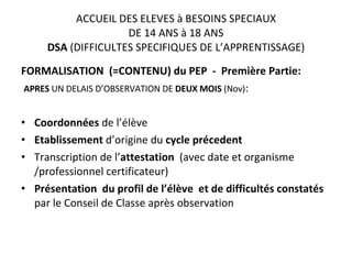 ACCUEIL DES ELEVES à BESOINS SPECIAUX DE 14 ANS à 18 ANS DSA  (DIFFICULTES SPECIFIQUES DE L’APPRENTISSAGE) FORMALISATION  (=CONTENU) du PEP  -  Première Partie: APRES  UN DELAIS D’OBSERVATION DE  DEUX MOIS  (Nov) : Coordonnées  de l’élève Etablissement  d’origine du  cycle précedent  Transcription de l’ attestation  (avec date et organisme /professionnel certificateur) Présentation  du profil de l’élève  et de difficultés constatés  par le Conseil de Classe après observation 