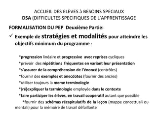 ACCUEIL DES ELEVES à BESOINS SPECIAUX DSA  (DIFFICULTES SPECIFIQUES DE L’APPRENTISSAGE FORMALISATION DU PEP  Deuxième Partie: Exemple de  stratégies et modalités  pour atteindre les objectifs minimum du programme  :    * progression  linéaire et  progressive  avec reprises  cycliques *prévoir  des  répétitions  fréquentes en variant leur présentation   * s’assurer de la compréhension de l’énoncé  (contrôles)   *fournir des  exemples et anecdotes  (fournir des ancres)   *utiliser toujours la  meme terminologie *( ré)expliquer la terminologie  employée  dans le contexte * faire participer les élèves ,  en travail cooperatif  autant que possible *fournir des  schémas récapitulatifs de la leçon  (mappe concettuali ou mentali) pour la mémoire de travail défaillante 
