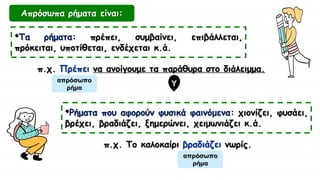Απρόσωπα ρήματα είναι:
•Τα ρήματα: πρέπει, συμβαίνει, επιβάλλεται,
πρόκειται, υποτίθεται, ενδέχεται κ.ά.
•Ρήματα που αφορούν φυσικά φαινόμενα: χιονίζει, φυσάει,
βρέχει, βραδιάζει, ξημερώνει, χειμωνιάζει κ.ά.
π.χ. Το καλοκαίρι βραδιάζει νωρίς.
π.χ. Πρέπει να ανοίγουμε τα παράθυρα στο διάλειμμα.
Υ
απρόσωπο
ρήμα
απρόσωπο
ρήμα
 