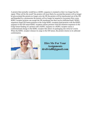 A protein that normally would have a KDEL sequence is mutated so that it no longer has the
signal. What will be the result? the protein will most likely be secreted the protein will no longer
be glycosylated the protein no longer exits the ER the protein will be translocated out of the ER
and degraded by a proteasome the protein will no longer be targeted to lysosomes How come
KDEL receptor proteins can escape the ER membrane but then can be trafficked back? KDEL
sequences target ER lumen proteins to the Golgi KDEL receptors bind proteins with the KDEL
sequence in the ER lumen KDEL receptors release proteins with ER retention sequences in the
Golgi lumen binding of a protein with a KDEL sequence to a KDEL receptor causes a
conformational change in the KDEL receptor that allows its packaging into retrieval vesicle.
When the KDEL receptor releases its cargo in the ER lumen, the protein returns to its unbound
conformation.
 