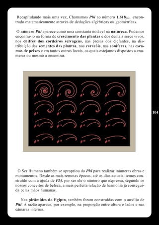 Recapitulando mais uma vez, Chamamos Phi ao número 1,618...., encon-
trado matematicamente através de deduções algébricas ou geométricas.

 O número Phi aparece como uma constante notável na natureza. Podemos
encontrá-lo na forma de crescimento das plantas e dos demais seres vivos,
nos chifres dos cordeiros selvagens, nas presas dos elefantes, na dis-
tribuição das sementes das plantas, nos caracóis, nas coníferas, nas esca-
mas de peixes e em tantos outros locais, os quais estejamos dispostos a enu-
merar ou mesmo a encontrar.




                                                                               104




 O Ser Humano também se apropriou do Phi para realizar inúmeras obras e
monumentos. Desde as mais remotas épocas, até os dias actuais, temos con-
struído com a ajuda de Phi, por ser ele o número que expressa, segundo os
nossos conceitos de beleza, a mais perfeita relação de harmonia já consegui-
da pelas mãos humanas.

  Nas pirâmides do Egipto, também foram construídas com o auxílio de
Phi. A razão aparece, por exemplo, na proporção entre altura e lados e nas
câmaras internas.
 