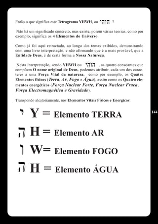 Então o que significa este Tetragrama YHWH, ou           ?

 Não há um significado concreto, mas existe, porém várias teorias, como por
exemplo, significa os 4 Elementos do Universo.

Como já foi aqui retractado, ao longo dos temas exibidos, demonstrando
com uma livre interpretação, e não afirmando que é a mais provável, que a
Entidade Deus, é de certa forma a Nossa Natureza.

 Nesta interpretação, sendo YHWH ou          , as quatro consoantes que
compõem O nome original de Deus, podemos atribuir, cada um dos carac-
teres a uma Força Vital da natureza, como por exemplo, os Quatro
Elementos físicos (Terra, Ar, Fogo e Água), assim como os Quatro ele-
mentos energéticos (Força Nuclear Forte, Força Nuclear Fraca,
Força Electromagnética e Gravidade).

Transpondo aleatoriamente, nos Elementos Vitais Físicos e Energicos:


        Y = Elemento TERRA                                                    144




        H = Elemento AR
        W= Elemento FOGO
        H = Elemento ÁGUA
 