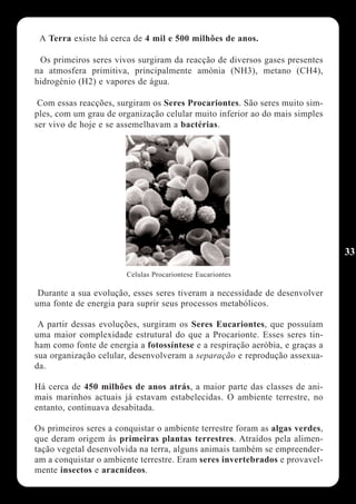 A Terra existe há cerca de 4 mil e 500 milhões de anos.

 Os primeiros seres vivos surgiram da reacção de diversos gases presentes
na atmosfera primitiva, principalmente amónia (NH3), metano (CH4),
hidrogénio (H2) e vapores de água.

 Com essas reacções, surgiram os Seres Procariontes. São seres muito sim-
ples, com um grau de organização celular muito inferior ao do mais simples
ser vivo de hoje e se assemelhavam a bactérias.




                                                                              33

                       Celulas Procariontese Eucariontes

 Durante a sua evolução, esses seres tiveram a necessidade de desenvolver
uma fonte de energia para suprir seus processos metabólicos.

 A partir dessas evoluções, surgiram os Seres Eucariontes, que possuíam
uma maior complexidade estrutural do que a Procarionte. Esses seres tin-
ham como fonte de energia a fotossíntese e a respiração aeróbia, e graças a
sua organização celular, desenvolveram a separação e reprodução assexua-
da.

Há cerca de 450 milhões de anos atrás, a maior parte das classes de ani-
mais marinhos actuais já estavam estabelecidas. O ambiente terrestre, no
entanto, continuava desabitada.

Os primeiros seres a conquistar o ambiente terrestre foram as algas verdes,
que deram origem às primeiras plantas terrestres. Atraídos pela alimen-
tação vegetal desenvolvida na terra, alguns animais também se empreender-
am a conquistar o ambiente terrestre. Eram seres invertebrados e provavel-
mente insectos e aracnídeos.
 