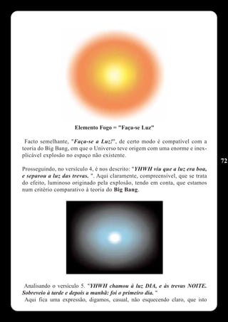 Elemento Fogo = "Faça-se Luz"

 Facto semelhante, "Faça-se a Luz!", de certo modo é compatível com a
teoria do Big Bang, em que o Universo teve origem com uma enorme e inex-
plicável explosão no espaço não existente.
                                                                              72
Prosseguindo, no versículo 4, é nos descrito: "YHWH viu que a luz era boa,
e separou a luz das trevas. ". Aqui claramente, compreensível, que se trata
do efeito, luminoso originado pela explosão, tendo em conta, que estamos
num critério comparativo à teoria do Big Bang.




 Analisando o versículo 5. "YHWH chamou à luz DIA, e às trevas NOITE.
Sobreveio à tarde e depois a manhã: foi o primeiro dia. "
 Aqui fica uma expressão, digamos, casual, não esquecendo claro, que isto
 