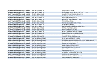 CAMPUS UNIVERSITÁRIO DARCY RIBEIRO CIÊNCIAS ECONÔMICAS HELFER DA LUZ VIEIRA
CAMPUS UNIVERSITÁRIO DARCY RIBEIRO CIÊNCIAS ECONÔMICAS HENRIQUE AUGUSTO MENDES DA SILVA E SOUZA
CAMPUS UNIVERSITÁRIO DARCY RIBEIRO CIÊNCIAS ECONÔMICAS LUCAS HENRIQUE RIBEIRO DOS SANTOS
CAMPUS UNIVERSITÁRIO DARCY RIBEIRO CIÊNCIAS ECONÔMICAS MARCELO MACHADO DA SILVA
CAMPUS UNIVERSITÁRIO DARCY RIBEIRO CIÊNCIAS ECONÔMICAS MATEUS ALMEIDA BARBOSA
CAMPUS UNIVERSITÁRIO DARCY RIBEIRO CIÊNCIAS ECONÔMICAS MATHEUS CORREIA DOS REIS E SOUZA
CAMPUS UNIVERSITÁRIO DARCY RIBEIRO CIÊNCIAS ECONÔMICAS PAOLA ROSA BORGES
CAMPUS UNIVERSITÁRIO DARCY RIBEIRO CIÊNCIAS ECONÔMICAS PEDRO HENRIQUE BORGES DA SILVA
CAMPUS UNIVERSITÁRIO DARCY RIBEIRO CIÊNCIAS ECONÔMICAS PEDRO KAZU GABIATTI
CAMPUS UNIVERSITÁRIO DARCY RIBEIRO CIÊNCIAS ECONÔMICAS RAFAEL GOBBATO BRANDAO CAVALCANTI
CAMPUS UNIVERSITÁRIO DARCY RIBEIRO CIÊNCIAS ECONÔMICAS RAFFILA PINHEIRO AMORIM
CAMPUS UNIVERSITÁRIO DARCY RIBEIRO CIÊNCIAS ECONÔMICAS RAPHAELA FONSECA ALVES
CAMPUS UNIVERSITÁRIO DARCY RIBEIRO CIÊNCIAS ECONÔMICAS REBECA GUERREIRO ANTUNES BRAGA
CAMPUS UNIVERSITÁRIO DARCY RIBEIRO CIÊNCIAS ECONÔMICAS RICARDO MORENO DO CARMO JUNIOR
CAMPUS UNIVERSITÁRIO DARCY RIBEIRO CIÊNCIAS ECONÔMICAS SAMUEL HILARIO REBECHI
CAMPUS UNIVERSITÁRIO DARCY RIBEIRO CIÊNCIAS ECONÔMICAS VITTORIO MACIEL BOSCHETI LEITE
CAMPUS UNIVERSITÁRIO DARCY RIBEIRO CIÊNCIAS FARMACÊUTICAS ALAN CARLOS RODRIGUES LUCAS
CAMPUS UNIVERSITÁRIO DARCY RIBEIRO CIÊNCIAS FARMACÊUTICAS ALEXANDRE AUGUSTO MARINHO DA COSTA SABINO BASTOS
CAMPUS UNIVERSITÁRIO DARCY RIBEIRO CIÊNCIAS FARMACÊUTICAS ANA FLAVIA REIS GUIMARAES
CAMPUS UNIVERSITÁRIO DARCY RIBEIRO CIÊNCIAS FARMACÊUTICAS ANA JULIA LIMA BARBOSA
CAMPUS UNIVERSITÁRIO DARCY RIBEIRO CIÊNCIAS FARMACÊUTICAS ANA LUISA OLIVEIRA DE PAULA
CAMPUS UNIVERSITÁRIO DARCY RIBEIRO CIÊNCIAS FARMACÊUTICAS ANDRE GOMES PULLEN PARENTE
CAMPUS UNIVERSITÁRIO DARCY RIBEIRO CIÊNCIAS FARMACÊUTICAS BRUNA BARBOSA BORGES
CAMPUS UNIVERSITÁRIO DARCY RIBEIRO CIÊNCIAS FARMACÊUTICAS DANIEL RINCON FILHO
CAMPUS UNIVERSITÁRIO DARCY RIBEIRO CIÊNCIAS FARMACÊUTICAS FERNANDA SOARES POVILL DE SOUZA
CAMPUS UNIVERSITÁRIO DARCY RIBEIRO CIÊNCIAS FARMACÊUTICAS GABRIELA DA SILVA MACHADO
CAMPUS UNIVERSITÁRIO DARCY RIBEIRO CIÊNCIAS FARMACÊUTICAS GUSTAVO GUERRA PACHECO MENDES
CAMPUS UNIVERSITÁRIO DARCY RIBEIRO CIÊNCIAS FARMACÊUTICAS ISADORA BARRETO DE ANDRADE
 