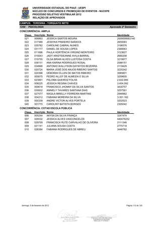 UNIVERSIDADE ESTADUAL DO PIAUÍ - UESPI
             NÚCLEO DE CONCURSOS E PROMOÇÃO DE EVENTOS - NUCEPE
             PROCESSO SELETIVO VESTIBULAR 2012
             RELAÇÃO DE APROVADOS

CAMPUS: TERESINA - TORQUATO NETO
1250    PSICOLOGIA                                                 Aprovado 2º Semestre
CONCORRÊNCIA: AMPLA
    Class.     Inscrição     Nome                                       Identidade
    021        006863        JESSICA SANTOS MOURA                       2009009063140
    022        017389        JESSYKA PINHEIRO SARAIVA                   2655083
    023        035782        CAROLINE CABRAL NUNES                      3196576
    024        031177        DANIEL DE SOUSA LOPES                      2368063
    025        011696        PAULA HORTÊNCIA VIRGINO MONTEIRO           3123627
    026        010043        JADY ARISTIDEANNE AVILA BARRAL             2680208
    027        010755        OLGA BRIAN ALVES LUSTOSA COSTA             3219977
    028        039131        ANA KARINA RODRIGUES ROSAL                 2588151
    029        034666        ANTONIO WALLYSON DAYWYDS BEZERRA           3119429
    030        020724        MARIA JOSÉ DOS ANJOS RIBEIRO SANTOS        3220242
    031        024396        DÉBORAH ÉLLEN DE MATOS RIBEIRO             3585801
    032        000675        PEDRO ALLEF DE ALMEIDA E SILVA             3259605
    033        023991        PALOMA QUEIROZ FOLHA                       2.832.995
    034        008225        JÉSSICA REGINA CHAVES                      3.404.092
    035        009618        FRANCISCO JHONNY DA SILVA SANTOS           3430757
    036        030832        ANNIELY TAVARES SANTANA DIAS               3257561
    037        027577        NÁGILA MIRELLY FERREIRA MARTINS            2948962
    038        004212        FABIANA MOREIRA DA SILVA                   3.351.162
    039        000339        ANDRE VICTOR ALVES PORTELA                 3202523
    040        001770        CAROLINY BATISTA BORGES                    2305042
CONCORRÊNCIA: COTAS ESCOLA PÚBLICA
    Class.     Inscrição     Nome                                       Identidade
    006        005244        AKYSA DA SILVA FRANÇA                      3247474
    007        026532        JESSICA ALVES VASCONCELOS                  440476252
    008        029709        FRANCISCA RUTE CARVALHO DE OLIVEIRA        3111346
    009        021141        JULIANA SOUSA COSTA                        2775718
    010        028384        FABIANA RODRIGUES DE ABREU                 3446782




 domingo, 5 de fevereiro de 2012                                               Página 112 de 120
 
