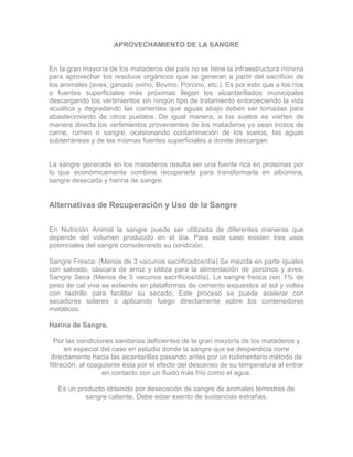 APROVECHAMIENTO DE LA SANGRE
En la gran mayoría de los mataderos del país no se tiene la infraestructura mínima
para aprovechar los residuos orgánicos que se generan a partir del sacrificio de
los animales (aves, ganado ovino, Bovino, Porcino, etc.). Es por esto que a los ríos
o fuentes superficiales más próximas llegan los alcantarillados municipales
descargando los vertimientos sin ningún tipo de tratamiento entorpeciendo la vida
acuática y degradando las corrientes que aguas abajo deben ser tomadas para
abastecimiento de otros pueblos. De igual manera, a los suelos se vierten de
manera directa los vertimientos provenientes de los mataderos ya sean trozos de
carne, rumen o sangre, ocasionando contaminación de los suelos, las aguas
subterráneas y de las mismas fuentes superficiales a donde descargan.
La sangre generada en los mataderos resulta ser una fuente rica en proteínas por
lo que económicamente combine recuperarla para transformarla en albúmina,
sangre desecada y harina de sangre.
Alternativas de Recuperación y Uso de la Sangre
En Nutrición Animal la sangre puede ser utilizada de diferentes maneras que
depende del volumen producido en el día. Para este caso existen tres usos
potenciales del sangre considerando su condición.
Sangre Fresca: (Menos de 3 vacunos sacrificados/día) Se mezcla en parte iguales
con salvado, cáscara de arroz y utiliza para la alimentación de porcinos y aves.
Sangre Seca (Menos de 3 vacunos sacrificios/día). La sangre fresca con 1% de
peso de cal viva se extiende en plataformas de cemento expuestos al sol y voltea
con rastrillo para facilitar su secado. Este proceso se puede acelerar con
secadores solares o aplicando fuego directamente sobre los contenedores
metálicos.
Harina de Sangre.
Por las condiciones sanitarias deficientes de la gran mayoría de los mataderos y
en especial del caso en estudio donde la sangre que se desperdicia corre
directamente hacia las alcantarillas pasando antes por un rudimentario método de
filtración, al coagularse ésta por el efecto del descenso de su temperatura al entrar
en contacto con un fluido más frío como el agua.
Es un producto obtenido por desecación de sangre de animales terrestres de
sangre caliente. Debe estar exento de sustancias extrañas.
 