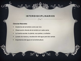 INTERDISCIPLINARIOS


Ciencias Naturales:

   Anatomía de la lombriz como ser vivo

   Observación directa de la lombriz en cada cama

   La huerta escolar, la planta, sus partes y cuidados

   Lavado de manos y recolección del agua para las camas

   Importancia del agua en la lombricultura
 