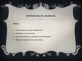 INTERDISCIPLINARIOS


Valores:



   Como trabajar en grupo (cooperación)

   Compartir un día de campo

   Soy responsable en el cuidado de la lombricultura

   Respeto el trabajo de mis compañeros
 