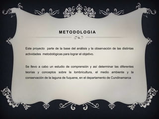 METODOLOGIA



Este proyecto parte de la base del análisis y la observación de las distintas
actividades metodológicas para lograr el objetivo.



Se llevo a cabo un estudio de comprensión y así determinar las diferentes
teorías y conceptos sobre la lombricultura, el medio ambiente y la
conservación de la laguna de fuquene, en el departamento de Cundinamarca
 