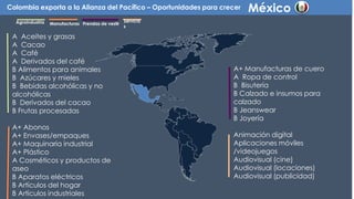 México v
A Aceites y grasas
A Cacao
A Café
A Derivados del café
B Alimentos para animales
B Azúcares y mieles
B Bebidas alcohólicas y no
alcohólicas
B Derivados del cacao
B Frutas procesadas
A+ Abonos
A+ Envases/empaques
A+ Maquinaria industrial
A+ Plástico
A Cosméticos y productos de
aseo
B Aparatos eléctricos
B Artículos del hogar
B Artículos industriales
Colombia exporta a la Alianza del Pacífico – Oportunidades para crecer
Agroindustria Manufacturas Prendas de vestir
Servicio
s
A+ Manufacturas de cuero
A Ropa de control
B Bisutería
B Calzado e insumos para
calzado
B Jeanswear
B Joyería
Animación digital
Aplicaciones móviles
/videojuegos
Audiovisual (cine)
Audiovisual (locaciones)
Audiovisual (publicidad)
 