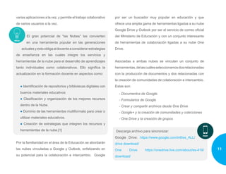 varias aplicaciones a la vez, y permite el trabajo colaborativo
de varios usuarios a la vez.
El gran potencial de “las Nubes” las convierten
en una herramienta popular en las generaciones
actualesyestoobligaaldocenteaconsiderarestrategias
de enseñanza en las cuales integre los servicios y
herramientas de la nube para el desarrollo de aprendizajes
tanto individuales como colaborativos. Ello significa la
actualización en la formación docente en aspectos como:
● Identificación de repositorios y bibliotecas digitales con
buenos materiales educativos
● Clasificación y organización de los mejores recursos
dentro de la Nube.
● Dominio de las herramientas multiformato para crear o
utilizar materiales educativos.
● Creación de estrategias que integren los recursos y
herramientas de la nube.[1]
Por la familiaridad en el área de la Educación se abordarán
las nubes vinculadas a Google y Outlook, enfatizando en
su potencial para la colaboración e intercambio. Google
por ser un buscador muy popular en educación y que
ofrece una amplia gama de herramientas ligadas a su nube
Google Drive y Outlook por ser el servicio de correo oficial
del Ministerio de Educación y con un conjunto interesante
de herramientas de colaboración ligadas a su nube One
Drive.
Asociadas a ambas nubes se vinculan un conjunto de
herramientas,delascuálesseleccionamosdosrelacionadas
con la producción de documentos y dos relacionadas con
la creación de comunidades de colaboración e intercambio.
Estas son:
- Documentos de Google.
- Formularios de Google
- Crear y compartir archivos desde One Drive
- Google+ y la creación de comunidades y colecciones
- One Drive y la creación de grupos
Descarga archivo para sincronizar:
Google Drive: https://www.google.com/intl/es_ALL/
drive download/
One Drive https://onedrive.live.com/about/es-419/
download/
11
 