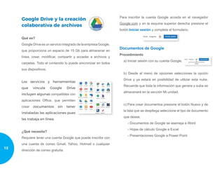 Google Drive y la creación
colaborativa de archivos
Qué es?
Google Drive es un servicio integrado de la empresa Google,
que proporciona un espacio de 15 Gb para almacenar en
línea, crear, modificar, compartir y acceder a archivos y
carpetas. Todo el contenido lo puede sincronizar en todos
sus dispositivos.
Los servicios y herramientas
que vincula Google Drive
incluyen algunas compatibles con
aplicaciones Office, que permiten
crear documentos sin tener
instaladas las aplicaciones pues
las trabaja en línea.
¿Qué necesita?
Requiere tener una cuenta Google que puede inscribir con
una cuenta de correo Gmail, Yahoo, Hotmail o cualquier
dirección de correo gratuita.
Para inscribir la cuenta Google acceda en el navegador
Google.com y en la esquina superior derecha presione el
botón Iniciar sesión y completa el formulario.
Documentos de Google
Procedimiento
a) Iniciar sesión con su cuenta Google.
b) Desde el menú de opciones selecciones la opción
Drive y ya estará en posibilidad de utilizar esta nube.
Recuerde que toda la información que genere o suba se
almacenará en la sección Mi unidad.
c) Para crear documentos presione el botón Nuevo y de
la lista que se despliega seleccione el tipo de documento
que desea:
-	Documentos de Google se asemeja a Word
-	Hojas de cálculo Google a Excel
-	Presentaciones Google a Power Point
12
 
