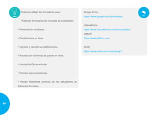 Podemos utilizar los formularios para:
• Elaborar formularios de encuesta de estudiantes.
• Presentación de tareas.
• Cuestionarios en línea.
• Ingresar y calcular las calificaciones.
• Recolección de firmas de padres en línea.
• Inscripción Extracurricular.
• Permiso para excursiones.
• Recibir fácilmente archivos de los estudiantes en
diferentes formatos.
Google forms
https://www.google.com/forms/about/
Vizzualforms
https://www.vizzualforms.com/account/plans
Jotform
https://www.jotform.com/
Wuffo
https://www.wufoo.com.mx/pricing/1/
60
 