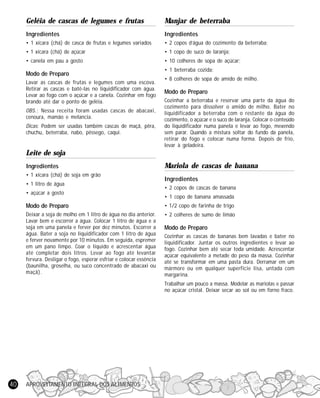 Geléia de cascas de legumes e frutas

Manjar de beterraba

Ingredientes

Ingredientes

• 1 xícara (chá) de casca de frutas e legumes variados

• 2 copos d’água do cozimento da beterraba;

• 1 xícara (chá) de açúcar

• 1 copo de suco de laranja;

• canela em pau a gosto

• 10 colheres de sopa de açúcar;

Modo de Preparo
Lavar as cascas de frutas e legumes com uma escova.
Retirar as cascas e batê-las no liquidificador com água.
Levar ao fogo com o açúcar e a canela. Cozinhar em fogo
brando até dar o ponto de geléia.
OBS.: Nessa receita foram usadas cascas de abacaxi,
cenoura, mamão e melancia.
Dicas: Podem ser usadas também cascas de maçã, pêra,
chuchu, beterraba, nabo, pêssego, caqui.

• 1 beterraba cozida;
• 8 colheres de sopa de amido de milho.

Modo de Preparo
Cozinhar a beterraba e reservar uma parte da água do
cozimento para dissolver o amido de milho. Bater no
liquidificador a beterraba com o restante da água do
cozimento, o açúcar e o suco de laranja. Colocar o conteúdo
do liquidificador numa panela e levar ao fogo, mexendo
sem parar. Quando a mistura soltar do fundo da panela,
retirar do fogo e colocar numa forma. Depois de frio,
levar à geladeira.

Leite de soja
Ingredientes
• 1 xícara (chá) de soja em grão
• 1 litro de água
• açúcar a gosto

Mariola de cascas de banana
Ingredientes
• 2 copos de cascas de banana
• 1 copo de banana amassada

Modo de Preparo

• 1/2 copo de farinha de trigo

Deixar a soja de molho em 1 litro de água no dia anterior.
Lavar bem e escorrer a água. Colocar 1 litro de água e a
soja em uma panela e ferver por dez minutos. Escorrer a
água. Bater a soja no liquidificador com 1 litro de água
e ferver novamente por 10 minutos. Em seguida, espremer
em um pano limpo. Coar o líquido e acrescentar água
até completar dois litros. Levar ao fogo até levantar
fervura. Desligar o fogo, esperar esfriar e colocar essência
(baunilha, groselha, ou suco concentrado de abacaxi ou
maçã).

• 2 colheres de sumo de limão

Modo de Preparo
Cozinhar as cascas de bananas bem lavadas e bater no
liquidificador. Juntar os outros ingredientes e levar ao
fogo. Cozinhar bem até secar toda umidade. Acrescentar
açúcar equivalente a metade do peso da massa. Cozinhar
até se transformar em uma pasta dura. Derramar em um
mármore ou em qualquer superfície lisa, untada com
margarina.
Trabalhar um pouco a massa. Modelar as mariolas e passar
no açúcar cristal. Deixar secar ao sol ou em forno fraco.

40

APROVEITAMENTO INTEGRAL DOS ALIMENTOS

 
