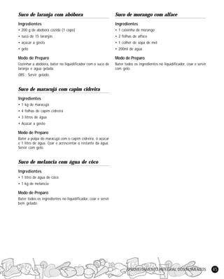 Suco de laranja com abóbora

Suco de morango com alface

Ingredientes

Ingredientes

• 200 g de abóbora cozida (1 copo)

• 1 caixinha de morango

• suco de 15 laranjas

• 2 folhas de alface

• açúcar a gosto

• 1 colher de sopa de mel

• gelo

• 200ml de água

Modo de Preparo

Modo de Preparo

Cozinhar a abóbora, bater no liquidificador com o suco de
laranja e água gelada.

Bater todos os ingredientes no liquidificador, coar e servir
com gelo.

OBS.: Servir gelado.

Suco de maracujá com capim cidreira
Ingredientes
• 1 kg de maracujá
• 4 folhas de capim cidreira
• 3 litros de água
• Açúcar a gosto

Modo de Preparo
Bater a polpa do maracujá com o capim cidreira, o açúcar
e 1 litro de água. Coar e acrescentar o restante da água.
Servir com gelo.

Suco de melancia com água de côco
Ingredientes
• 1 litro de água de côco
• 1 kg de melancia

Modo de Preparo
Bater todos os ingredientes no liquidificador, coar e servir
bem gelado.

APROVEITAMENTO INTEGRAL DOS ALIMENTOS

45

 