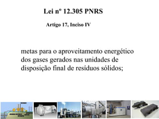 metas para o aproveitamento energético
dos gases gerados nas unidades de
disposição final de resíduos sólidos;
Lei nº 12.305 PNRS
Artigo 17, Inciso IV
 