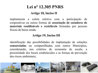 implantarem a coleta seletiva com a participação de
cooperativas ou outras formas de associação de catadores de
materiais reutilizáveis e recicláveis formadas por pessoas
físicas de baixa renda.
Lei nº 12.305 PNRS
Artigo 18, Inciso II
Artigo 19, Inciso III
identificação das possibilidades de implantação de soluções
consorciadas ou compartilhadas com outros Municípios,
considerando, nos critérios de economia de escala, a
proximidade dos locais estabelecidos e as formas de prevenção
dos riscos ambientais;
 