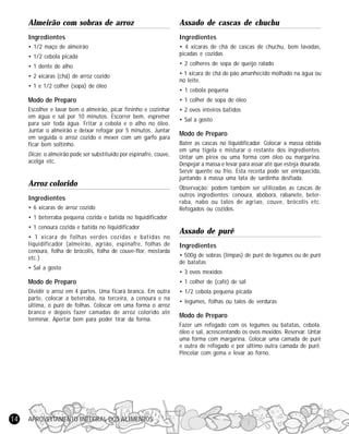 APROVEITAMENTO INTEGRAL DOS ALIMENTOS14
Almeirão com sobras de arroz
Ingredientes
• 1/2 maço de almeirão
• 1/2 cebola picada
• 1 dente de alho
• 2 xícaras (chá) de arroz cozido
• 1 e 1/2 colher (sopa) de óleo
Modo de Preparo
Escolher e lavar bem o almeirão, picar fininho e cozinhar
em água e sal por 10 minutos. Escorrer bem, espremer
para sair toda água. Fritar a cebola e o alho no óleo.
Juntar o almeirão e deixar refogar por 5 minutos. Juntar
em seguida o arroz cozido e mexer com um garfo para
ficar bem soltinho.
Dicas: o almeirão pode ser substituído por espinafre, couve,
acelga etc.
Arroz colorido
Ingredientes
• 6 xícaras de arroz cozido
• 1 beterraba pequena cozida e batida no liquidificador
• 1 cenoura cozida e batida no liquidificador
• 1 xícara de folhas verdes cozidas e batidas no
liquidificador (almeirão, agrião, espinafre, folhas de
cenoura, folha de brócolis, folha de couve-flor, mostarda
etc.)
• Sal a gosto
Modo de Preparo
Dividir o arroz em 4 partes. Uma ficará branca. Em outra
parte, colocar a beterraba, na terceira, a cenoura e na
última, o purê de folhas. Colocar em uma forma o arroz
branco e depois fazer camadas de arroz colorido até
terminar. Apertar bem para poder tirar da forma.
Assado de cascas de chuchu
Ingredientes
• 4 xícaras de chá de cascas de chuchu, bem lavadas,
picadas e cozidas
• 2 colheres de sopa de queijo ralado
• 1 xícara de chá de pão amanhecido molhado na água ou
no leite.
• 1 cebola pequena
• 1 colher de sopa de óleo
• 2 ovos inteiros batidos
• Sal a gosto
Modo de Preparo
Bater as cascas no liquidificador. Colocar a massa obtida
em uma tigela e misturar o restante dos ingredientes.
Untar um pirex ou uma forma com óleo ou margarina.
Despejar a massa e levar para assar até que esteja dourada.
Servir quente ou frio. Esta receita pode ser enriquecida,
juntando à massa uma lata de sardinha desfiada.
Observação: podem também ser utilizadas as cascas de
outros ingredientes: cenoura, abóbora, rabanete, beter-
raba, nabo ou talos de agriao, couve, brócolis etc.
Refogados ou cozidos.
Assado de purê
Ingredientes
• 500g de sobras (limpas) de purê de legumes ou de purê
de batatas
• 3 ovos mexidos
• 1 colher de (café) de sal
• 1/2 cebola pequena picada
• legumes, folhas ou talos de verduras
Modo de Preparo
Fazer um refogado com os legumes ou batatas, cebola,
óleo e sal, acrescentando os ovos mexidos. Reservar. Untar
uma forma com margarina. Colocar uma camada de purê
e outra de refogado e por último outra camada de purê.
Pincelar com gema e levar ao forno.
 