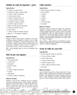 APROVEITAMENTO INTEGRAL DOS ALIMENTOS 17
Bolinho do caldo do lagostim c/ peixe
lngredientes
• 2 colheres de sopa de óleo
• 3 colheres de sopa de cebola ralada
• 1 colher de sopa de pimentão
• 3 xícaras de peixe sapo
• 1 colher de sobremesa de sal
• 1 /2 lata de molho de tomate
• 1/2 colher de sopa de salsinha
• 1 colher de sopa de coentro
• tablete de caldo de peixe (opcional)
• 4 xícaras de farinha de trigo
• 2 ovos inteiros
• 1 colher de sopa de fermento químico
• caldo de +/- 10 cabeças de lagostim
Modo de Preparo
Refogar no óleo a cebola ralada, o pimentão, acrescentar
o molho de tomate, a salsinha, o coentro, o sal, o caldo
do lagostim, o hondashi e o peixe deixar apurar por mais
ou menos 5 minutos. Deixar esfriar. Quando estiver frio
acrescentar a farinha de trigo os ovos e o fermento. A
massa ficará cremosa. Fritar em óleo bem quente.
OBS.: Esta preparação pode ser feita com qualquer tipo
de peixe.
Bolo de pão com legumes
Ingredientes
• 1 kg de pão picado
• 1 litro de leite
• sal a gosto
• pimenta a gosto
• 3 ovos
• 3 colheres (sopa) de maisena
• 1 cebola
• salsa picada
• 3 colheres (sopa) de margarina
Modo de Preparo
Amolecer o pão no leite. Temperar com sal e pimenta,
acrescentar salsinha picada, cebola ralada, margarina,
legumes e talos picados, gemas e maisena. Misturar bem.
Por fim, acrescentar claras em neve. Colocar em uma
forma untada e levar para assar em forno pré-aquecido
por cerca de 20 minutos.
Caldo nutritivo
Ingredientes
• 1kg de carcaças de peixe ou frango
• 2 ovos mexidos
• 1 cenoura
• 1 cebola
• 1 tomate
• 1 chuchu
• 1 rama de salsão
• sal a gosto
Modo de Preparo
Cozinhar carcaças de peixe ou frango (1kg, aproxima-
damente), a cenoura, a cebola, o tomate, o chuchu, o sal
e deixar cozinhar. Retirar as carcaças e colocar o restante
no liqüidificador. Bater por alguns minutos e passar por
uma peneira. Fazer uma sopa, juntando a carne das
carcaças e os ovos mexidos. Misturar bem em fogo baixo.
Utilizar o caldo nutritivo para preparar arroz, feijão, sopas
ou temperar refogados.
Dicas: Colocar o caldo nutritivo em forminhas de gelo e
congelar. Sempre que quiser enriquecer suas preparações,
colocar os cubinhos congelados.
Creme de folha de couve-flor
Ingredientes
• 5 xícaras (chá) de folhas de couve-flor
• 1/2 xícara (chá) de cebola
• 1 xícara (chá) de leite
• 1/2 xícara (chá) de água
• 2 colheres (sopa) de óleo
• 1 colher (sopa) de farinha de trigo
• sal a gosto
Modo de Preparo
Lavar as folhas de couve-flor e picá-las muito bem. Em uma
panela, refogar a cebola no óleo, até dourar. Juntar as folhas
picadas e o sal. Misturar bem. À parte, misturar a farinha, o
leite e a água. Adicionar a mistura ao refogado mexendo
bem até o creme encorpar. Deixar cozinhar. Servir quente.
 