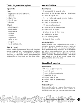 APROVEITAMENTO INTEGRAL DOS ALIMENTOS 19
Cuscuz de peixe com legumes
Ingredientes
Caldo
• 500g de partes de peixe (cabeça etc.)
• 1/2 tomate
• 1/2 pimentão
• 1 litro de água
• 1/2 cebola
Refogado
• talos de espinafre
• talos de agrião
• talos de acelga
• 1/2 tomate
• 1/2 cebola
• 1/2 pimentão
• 1 dente de alho
• sal a gosto
• 1 kg de farinha de milho
Modo de Preparo
Cozinhar todos os ingredientes do caldo e coar. Adicionar o
caldo ao refogado de talos e deixar cozinhar por 10 minutos
(se secar ponha mais água). Adicionar farinha de milho aos
poucos até dar consistência. Colocar a mistura em uma
forma com furo no meio, untada com óleo. Deixar esfriar.
Cuscuz Nutritivo
Ingredientes
• 5 copos do caldo da cabeça de peixe
• 2 colheres de sopa de cebola ralada ou 1 cebola média
• 2 xícaras de sopa de óleo
• 1 / 4 ou 2 colheres de sopa de pimentão picadinho
• 3 dentes de alho moído
• 1 colher de sobremesa de sal
• 1/2 lata de molho de tomate
• 1 colher de sopa de azeite de dendê
• 1 colher de chá de coentro
• 2 colheres de sopa de cheiro verde
• 1 xicara de chá de peixe
• 2 ovos cozidos e picados
• 2 xícaras de flocos de milho
Modo de Preparo
Refogar a cebola, o alho e o pimentão no óleo, a salsa e
o coentro, acrescentar o molho de tomate, o azeite de
dendê, o caldo de peixe e os ovos cozidos e picados.
Assim que levantar fervura acrescentar os flocos de milho
aos poucos, mexer rapidamente, para não empelotar.
Estará pronto assim que começar a desprender do fundo;
porem, não poderá estar nem muito mole e nem muito
duro. Colocar em forma de furo central, esperar esfriar
para desenformar. Enfeitar a gosto.
Empadão de vegetais
Ingredientes
• 1/2 xícara (chá) de arroz cozido
• ¼ xícara de talos
• ¼ xícara (chá) de cenoura cozida
• 1 xícara (chá) de leite
• 2 colheres (sopa) de óleo
• 2 colheres (sopa) de farinha de trigo
• 1 gema
Modo de Preparo
Misturar o óleo, a farinha e a gema. Acrescentar o arroz
e os vegetais cozidos. Distribuir em forma e colocar em
uma forma grande com água. Deixá-la no forno até dourar.
 