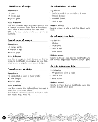 APROVEITAMENTO INTEGRAL DOS ALIMENTOS44
Suco de casca de maçã
Ingredientes
• 6 maçãs
• 1 litro de água
• açúcar a gosto
Modo de Preparo
Lavar bem as maçãs e depois descascá-las. Levar ao fogo
as cascas e a água para ferver. Bater no liquidificador,
coar e adoçar a gosto. Completar com água gelada.
OBS.: Se for para consumo imediato, não precisa de
cozimento.
Suco de casca de manga
Ingredientes
• 3 mangas grandes
•1 1/2 litro de água
• açúcar a gosto
Modo de Preparo
Lavar bem as mangas e a seguir descascá-las. Bater as
cascas no liquidificador com um pouco de água. Coar,
adoçar a gosto e completar com o restante da água.
Suco de cascas de frutas
Ingredientes
• 3 xícaras (chá) de cascas de frutas variadas
• 2 litros de água
• açúcar a gosto
Modo de Preparo
Lavar bem as cascas, bater no liquidificador com água. A
seguir, coar bem e adoçar a gosto.
Dicas: Podemos utilizar apenas a casca de uma fruta, como
a de abacaxi, maçã, manga etc.
Suco de cenoura com salsa
Ingredientes
• 2 colheres (sopa) de mel ou 4 colheres de açúcar
• 12 ramos de salsa
• 3 cenouras picadas
• 1 litro de água.
Modo de Preparo
Passar a cenoura e a salsa na centrífuga. Adoçar, coar e
servir.
Suco de couve com limão
Ingredientes
• 5 limões
• 50g de couve
• 1 litro de água
• açúcar a gosto
Modo de Preparo
Espremer os limões e coar. Bater no liquidificador junto
com a couve e a água e coar novamente. Adoçar a gosto.
Suco de inhame com leite
Ingredientes
• 200 g de inhame cozido (1 copo)
• 1 litro de leite
• açúcar a gosto
Modo de Preparo
Cozinhar o inhame, bater no liquidificador com o leite
gelado e o açúcar. Servir gelado.
 