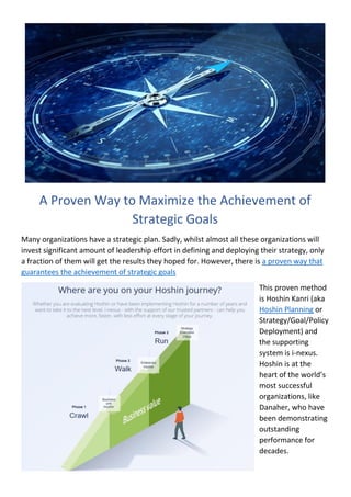 A Proven Way to Maximize the Achievement of
Strategic Goals
Many organizations have a strategic plan. Sadly, whilst almost all these organizations will
invest significant amount of leadership effort in defining and deploying their strategy, only
a fraction of them will get the results they hoped for. However, there is a proven way that
guarantees the achievement of strategic goals
This proven method
is Hoshin Kanri (aka
Hoshin Planning or
Strategy/Goal/Policy
Deployment) and
the supporting
system is i-nexus.
Hoshin is at the
heart of the world’s
most successful
organizations, like
Danaher, who have
been demonstrating
outstanding
performance for
decades.
 