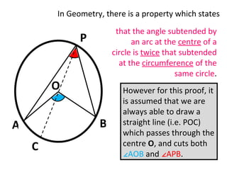 A B P O C that the angle subtended by an arc at the  centre  of a circle is  twice  that subtended at the  circumference  of the same circle .  ∠ AOB  = 2 x  ∠APB e.g. If  ∠AOB  = 50°,  then according to the property,  ∠APB  = 25°. In Geometry, there is a property which states  However for this proof, it is assumed that we are always able to draw a straight line (i.e. POC) which passes through the centre  O , and cuts both  ∠AOB  and  ∠APB . 