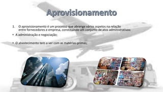 1.

O aprovisionamento é um processo que abrange vários aspetos na relação
entre fornecedores e empresa, constituindo um conjunto de atos administrativos:
• A administração e negociação;
• O abastecimento tem a ver com as matérias-primas;

 