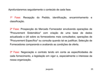jaugusto 25
Aprofundaremos seguidamente o conteúdo de cada fase.
1ª Fase: Recepção do Pedido, identificação, encaminhamento e
classificação.
2ª Fase: Prospecção do Mercado Fornecedor envolvendo operações de
"Procurement Sistemático" com criação de uma base de dados
actualizada e útil sobre os fornecedores mais consultados; operações de
"Procurement Específico" ou consulta quando tal se justificar; Selecção de
Fornecedores comparando e avaliando as condições de oferta.
3ª Fase: Negociação e contrato tendo em conta as especificidades de
cada fornecimento, a legislação em vigor e, especialmente o interesse da
nossa organização.
 