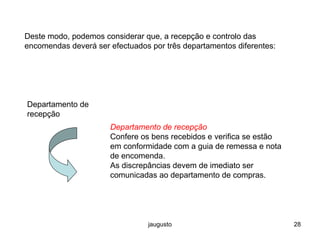jaugusto 28
Deste modo, podemos considerar que, a recepção e controlo das
encomendas deverá ser efectuados por três departamentos diferentes:
Departamento de
recepção
Departamento de recepção
Confere os bens recebidos e verifica se estão
em conformidade com a guia de remessa e nota
de encomenda.
As discrepâncias devem de imediato ser
comunicadas ao departamento de compras.
 