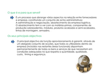 O que é e para que serve?
      É um processo que abrange vários aspectos na relação entre fornecedores
      e empresa, constituindo um conjunto de actos administrativos:
      A administração e negociação, abastecimento da empresa logística.
      O abastecimento tem a ver com as matérias-primas, componentes de
      produção sobressalentes, módulos, produtos acabados e semi-acabados,
      linhas de montagem, armazéns.

Os seus principais objectivos

        O principal objectivo da função aprovisionamento é garantir, através de
        um alargado conjunto de acções, que todos os utilizadores dentro da
        empresa (incluídos nas restantes áreas funcionais) disponham
        permanentemente de todos os bens e serviços de que necessitam em
        condições adequadas no que respeita a quantidade, qualidade,
        custo, timing e segurança.
 