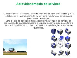 Aprovisionamento de serviços


O aprovisionamento de serviços está relacionado com os contratos que se
  estabelecem esporadicamente ou de forma regular com as entidades
                         prestadoras de serviços.
   Será o caso da aquisição de serviços de manutenção, de serviços de
segurança, de serviços de higiene e limpeza, de serviços de consultoria e
 formação profissional, ou ainda de auditorias, certificações e ensaios de
                               qualidade.
 