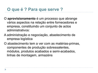 O que é ? Para que serve ?

O aprovisionamento é um processo que abrange
  vários aspectos na relação entre fornecedores e
  empresa, constituindo um conjunto de actos
  administrativos:
A administração e negociação, abastecimento de
  empresa logística
O abastecimento tem a ver com as matérias-primas,
  componentes de produção sobressalentes,
  módulos, produtos acabados e semi-acabados,
  linhas de montagem, armazéns
 