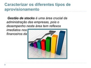 Caracterizar os diferentes tipos de
aprovisionamento

  Gestão de stocks é uma área crucial da
 administração das empresas, pois o
 desempenho nesta área tem reflexos
 imediatos nos resultados comerciais e
 financeiros da empresa.
 