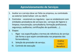 Aprovisionamento de Serviços
1. Avaliar se o serviço deve ser feito na empresa, ou contratado
ao exterior (externalizar: sim ou não?).
2. Contratos - ocasionais ou regulares - que se estabelecem com
entidades prestadoras de serviços (ex.: serviços de higiene e
limpeza; manutenção; consultadoria; formação profissional;
segurança; auditorias; certificações de qualidade; …).
segurança; auditorias; certificações de qualidade; …).
3. Etapas:
I. Rigor nas especificações e termos de referência do serviço
(de forma a que sejam consideradas nas propostas dos
fornecedores);
II. Seleção do prestador de serviço;
III. Controlo de execução
Análise
Custo /
Benefício
 