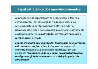 À medida que as organizações se especializam e fazem a
externalização (outsourcing) de muitas atividades, os
recursos gastos em "Aprovisionamentos" ao exterior
(atividades logísticas, por exemplo) aumentam relativamente
às despesas internas as atividades de “compra” passam a
Papel estratégico dos aprovisionamentos
às despesas internas as atividades de “compra” passam a
receber maior atenção!
Em consequência da evolução das tecnologias de informação
e da automatização, a função "Aprovisionamentos"
encontra-se numa fase de elevada mudança, com um
crescente /alargamento do seu papel na contribuição para
os objetivos globais da empresa: a satisfação global do
consumidor.
 