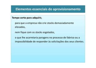 Tempo certo para adquirir,
para que a empresa não crie stocks demasiadamente
elevados,
nem fique com os stocks esgotados,
Elementos essenciais do aprovisionamento
o que lhe acarretaria paragens no processo de fabrico ou a
impossibilidade de responder às solicitações dos seus clientes.
 