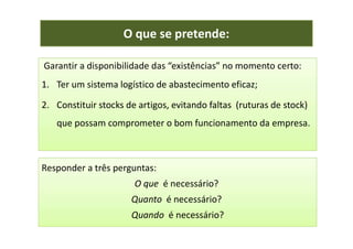 O que se pretende:
Garantir a disponibilidade das “existências” no momento certo:
1. Ter um sistema logístico de abastecimento eficaz;
2. Constituir stocks de artigos, evitando faltas (ruturas de stock)
que possam comprometer o bom funcionamento da empresa.
que possam comprometer o bom funcionamento da empresa.
Responder a três perguntas:
O que é necessário?
Quanto é necessário?
Quando é necessário?
 