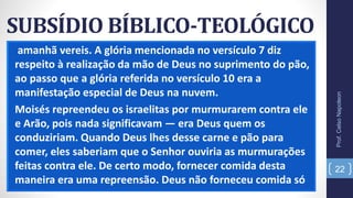 SUBSÍDIO BÍBLICO-TEOLÓGICO
amanhã vereis. A glória mencionada no versículo 7 diz
respeito à realização da mão de Deus no suprimento do pão,
ao passo que a glória referida no versículo 10 era a
manifestação especial de Deus na nuvem.
Moisés repreendeu os israelitas por murmurarem contra ele
e Arão, pois nada significavam — era Deus quem os
conduziriam. Quando Deus lhes desse carne e pão para
comer, eles saberiam que o Senhor ouviria as murmurações
feitas contra ele. De certo modo, fornecer comida desta
maneira era uma repreensão. Deus não forneceu comida só
Prof.CelsoNapoleon
22
 