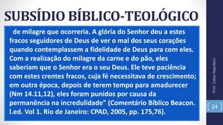 SUBSÍDIO BÍBLICO-TEOLÓGICO
de milagre que ocorreria. A glória do Senhor deu a estes
fracos seguidores de Deus de ver o mal dos seus corações
quando contemplassem a fidelidade de Deus para com eles.
Com a realização do milagre da carne e do pão, eles
saberiam que o Senhor era o seu Deus. Ele teve paciência
com estes crentes fracos, cuja fé necessitava de crescimento;
em outra época, depois de terem tempo para amadurecer
(Nm 14.11,12), eles foram punidos por causa da
permanência na incredulidade" (Comentário Bíblico Beacon.
l.ed. Vol 1. Rio de Janeiro: CPAD, 2005, pp. 175,76).
Prof.CelsoNapoleon
24
 