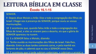 SENHOR.
9 Depois disse Moisés a Arão: Dize a toda a congregação dos filhos de
Israel: Chegai-vos à presença do SENHOR, porque ouviu as vossas
murmurações.
10 E aconteceu que, quando falou Arão a toda a congregação dos
filhos de Israel, e eles se viraram para o deserto, eis que a glória do
SENHOR apareceu na nuvem.
11 E o SENHOR falou a Moisés, dizendo:
12 Tenho ouvido as murmurações dos filhos de Israel. Fala-lhes,
dizendo: Entre as duas tardes comereis carne, e pela manhã vos
fartareis de pão; e sabereis que eu sou o SENHOR vosso Deus.
13 E aconteceu que à tarde subiram codornizes, e cobriram o arraial; e
LEITURA BÍBLICA EM CLASSE
Prof.CelsoNapoleon
8
Êxodo 16.1-15
 