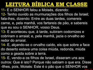 11- E o SENHOR falou a Moisés, dizendo:
12- Tenho ouvido as murmurações dos filhos de Israel;
fala-lhes, dizendo: Entre as duas tardes, comereis
carne, e, pela manhã, vos fartareis de pão, e sabereis
que eu sou o SENHOR, vosso Deus.
13- E aconteceu que, à tarde, subiram codornizes e
cobriram o arraial; e, pela manhã, jazia o orvalho ao
redor do arraial.
14- E, alçando-se o orvalho caído, eis que sobre a face
do deserto estava uma coisa miúda, redonda, miúda
como a geada sobre a terra.
15- E, vendo-a os filhos de Israel, disseram uns aos
outros: Que é isto? Porque não sabiam o que era. Disse
-Ilhes, pois, Moisés: Este é o pão que o SENHOR vos
 