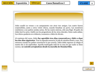 Jokin acudió en verano a un campamento con otros tres amigos. Los cuatro fueron sorprendidos, junto a otros veinte chicos, cuando fumaban un porro. Los monitores remitieron a sus padres sendas cartas. De las cuatro misivas, sólo una llegó. El padre de Jokin leyó la carta y habló con los progenitores de los otros chavales. Estos nada sabían. Los chicos quedaron en evidencia y acusaron a Jokin de chivato. Al comienzo del curso, Jokin  fue agredido tres días consecutivos y faltó a clase los dos días siguientes . Tras la segunda ausencia, la jefa de estudios llamó a casa. Fue entonces cuando los padres conocieron lo que ocurría. Jokin debía regresar al colegio el martes día 21 de septiembre. Aquella madrugada salió de su casa sin que nadie se diese cuenta y  se suicidó arrojándose desde la muralla de Hondarribia .  14 CLASE 1 SECCIÓN Exposición volver TÍTULO Casos llamativos I 