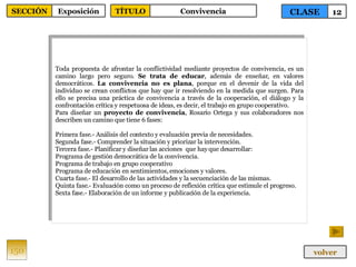 Toda propuesta de afrontar la conflictividad mediante proyectos de convivencia, es un camino largo pero seguro.  Se trata de educar , además de enseñar, en valores democráticos.  La convivencia no es plana , porque en el devenir de la vida del individuo se crean conflictos que hay que ir resolviendo en la medida que surgen. Para ello se precisa una práctica de convivencia a través de la cooperación, el diálogo y la confrontación crítica y respetuosa de ideas, es decir, el trabajo en grupo cooperativo. Para diseñar un  proyecto de convivencia , Rosario Ortega y sus colaboradores nos describen un camino que tiene 6 fases: Primera fase.- Análisis del contexto y evaluación previa de necesidades. Segunda fase.- Comprender la situación y priorizar la intervención. Tercera fase.- Planificar y diseñar las acciones  que hay que desarrollar: Programa de gestión democrática de la convivencia. Programa de trabajo en grupo cooperativo Programa de educación en sentimientos, emociones y valores. Cuarta fase.- El desarrollo de las actividades y la secuenciación de las mismas. Quinta fase.- Evaluación como un proceso de reflexión crítica que estimule el progreso. Sexta fase.- Elaboración de un informe y publicación de la experiencia. 150 CLASE 12 SECCIÓN Exposición volver TÍTULO Convivencia 