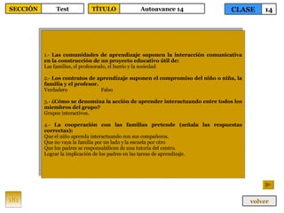 1.-  Las comunidades de aprendizaje suponen la interacción comunicativa en la construcción de un proyecto educativo útil de: Las familias, el profesorado, el barrio y la sociedad  2.-  Los contratos de aprendizaje suponen el compromiso del niño o niña, la familia y el profesor. Verdadero Falso 3.-  ¿Cómo se denomina la acción de aprender interactuando entre todos los miembros del grupo? Grupos interactivos. 4.-  La cooperación con las familias pretende (señala las respuestas correctas): Que el niño aprenda interactuando con sus compañeros. Que no vaya la familia por un lado y la escuela por otro Que los padres se responsabilicen de una tutoría del centro. Lograr la implicación de los padres en las tareas de aprendizaje. 181 CLASE 14 SECCIÓN Test volver TÍTULO Autoavance 14 