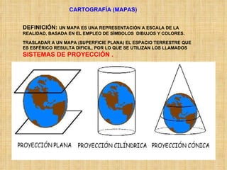 CARTOGRAFÍA (MAPAS) DEFINICIÓN:  UN MAPA ES UNA REPRESENTACIÓN A ESCALA DE LA REALIDAD, BASADA EN EL EMPLEO DE SÍMBOLOS  DIBUJOS Y COLORES. TRASLADAR A UN MAPA (SUPERFICIE PLANA) EL ESPACIO TERRESTRE QUE ES ESFÉRICO RESULTA DIFICIL, POR LO QUE SE UTILIZAN LOS LLAMADOS  SISTEMAS DE PROYECCIÓN . 